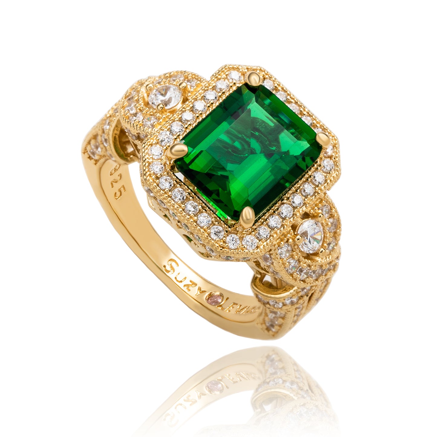 Suzy Levian Yellow Sterling Silver Emerald-Cut Green and White Cubic Zirconia Pave Ring