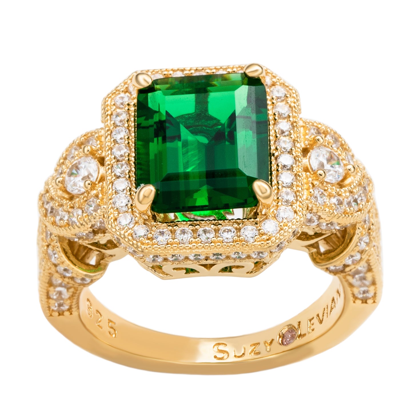 Suzy Levian Yellow Sterling Silver Emerald-Cut Green and White Cubic Zirconia Pave Ring