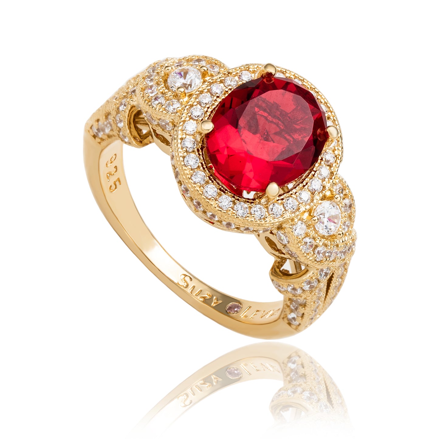 Suzy Levian Yellow Sterling Silver Large Oval-Cut Red White Cubic Zirconia Pave Ring