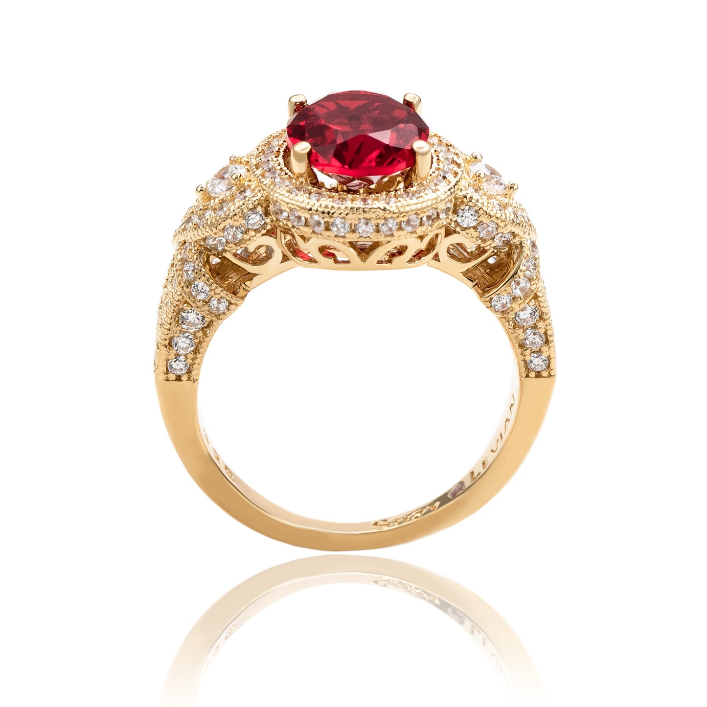 Suzy Levian Yellow Sterling Silver Large Oval-Cut Red White Cubic Zirconia Pave Ring