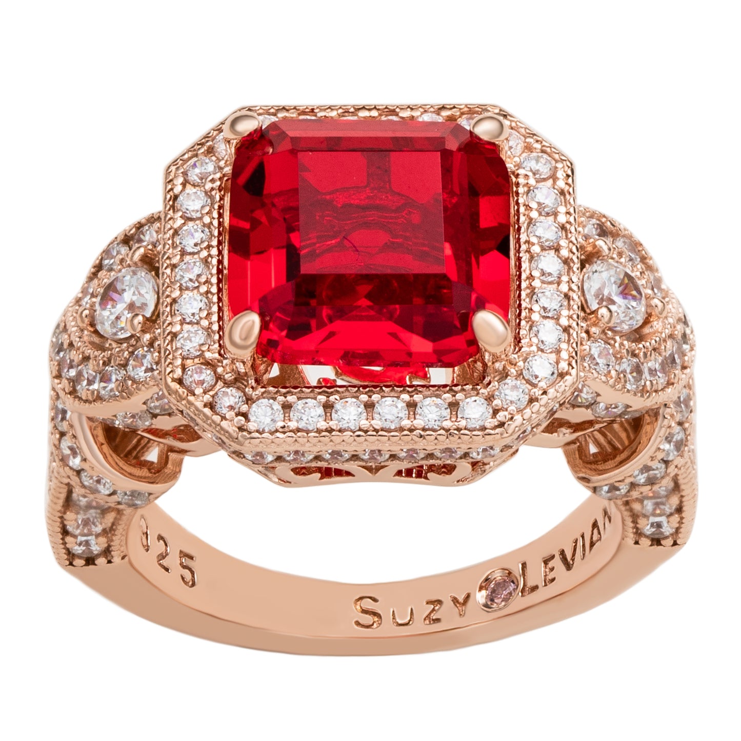 Suzy Levian Rose Sterling Silver Red Assher Cubic Zirconia Pave Engagement Ring