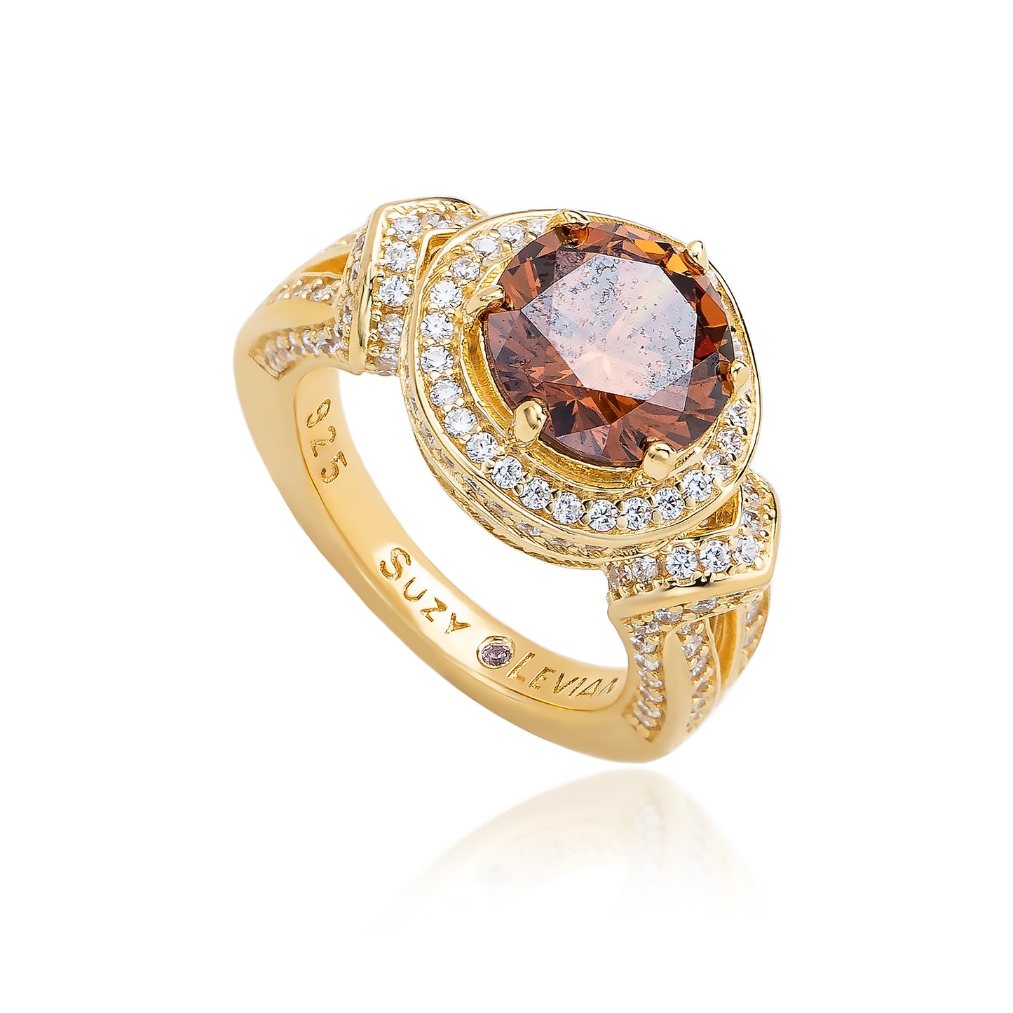 Suzy Levian Yellow Sterling Silver Round-Cut Brown White Cubic Zirconia Pave Ring