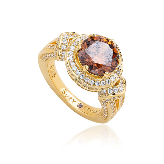 Suzy Levian Yellow Sterling Silver Round-Cut Brown White Cubic Zirconia Pave Ring