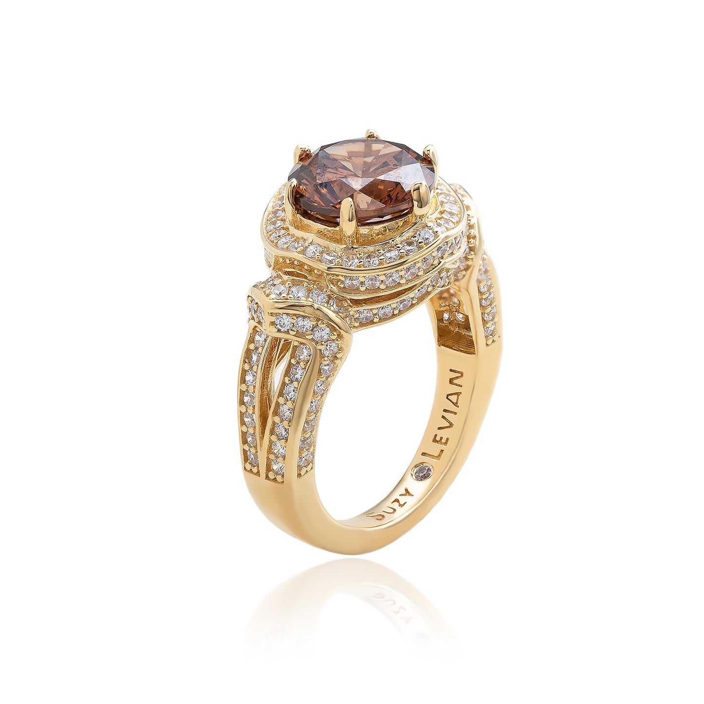 Suzy Levian Yellow Sterling Silver Round-Cut Brown White Cubic Zirconia Pave Ring