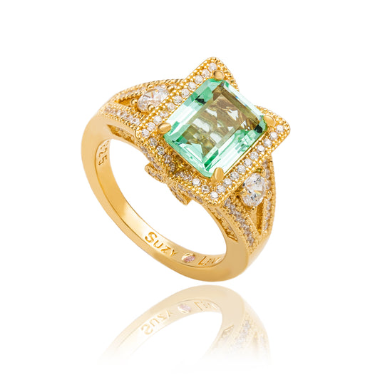 Suzy Levian Yellow Sterling Silver Light Green Emerald Cut Cubic Zirconia Pave Engagement Ring