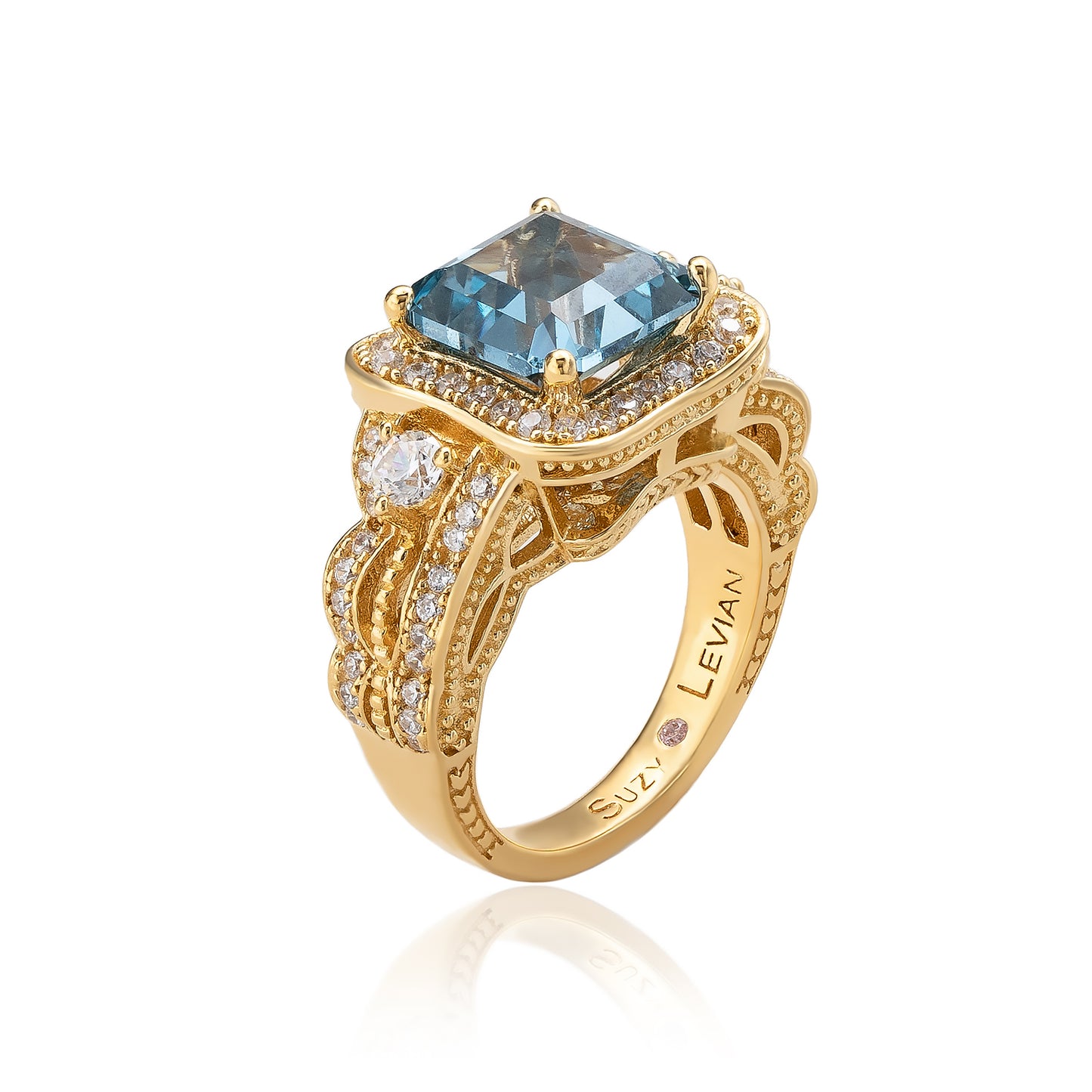 Suzy Levian Yellow Sterling Silver Aqua Assher Cubic Zirconia Pave Halo Engagement Ring