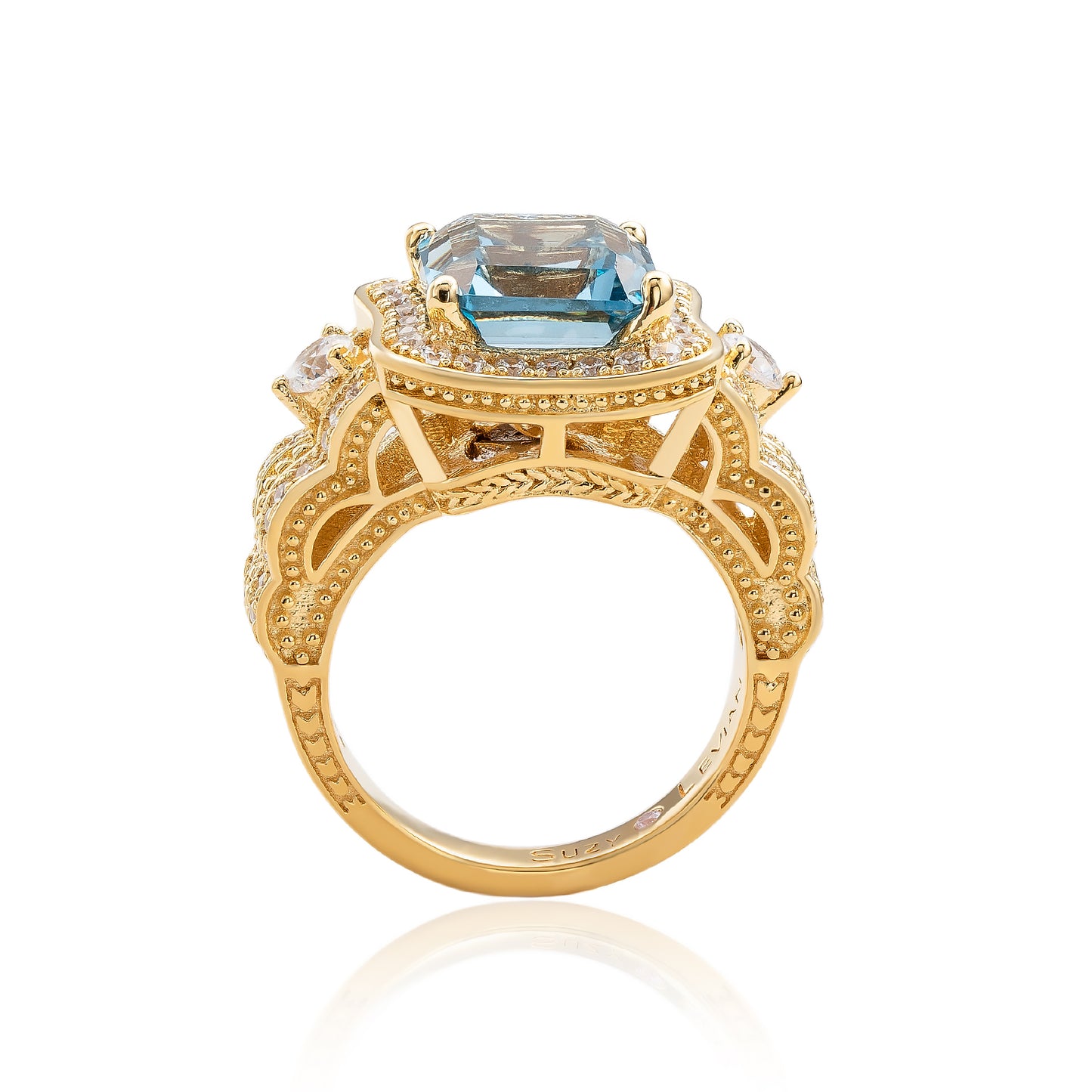 Suzy Levian Yellow Sterling Silver Aqua Assher Cubic Zirconia Pave Halo Engagement Ring
