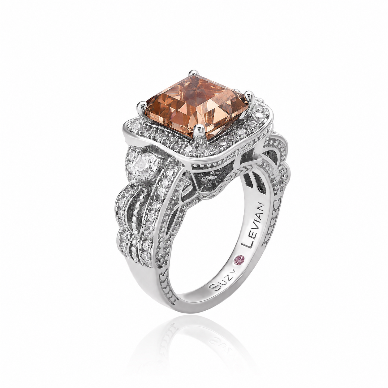 Suzy Levian Sterling Silver Brown Assher Cubic Zirconia Pave Halo Engagement Ring
