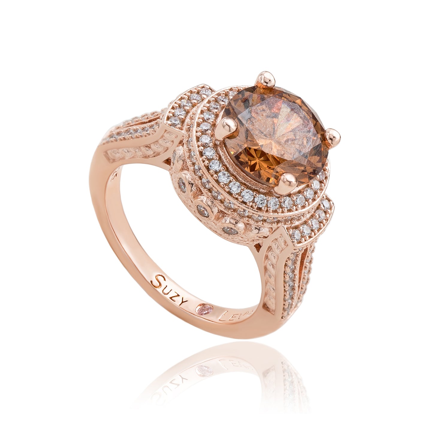 Suzy Levian Rose Sterling Silver Brown Round Cubic Zirconia Pave Engagement Ring