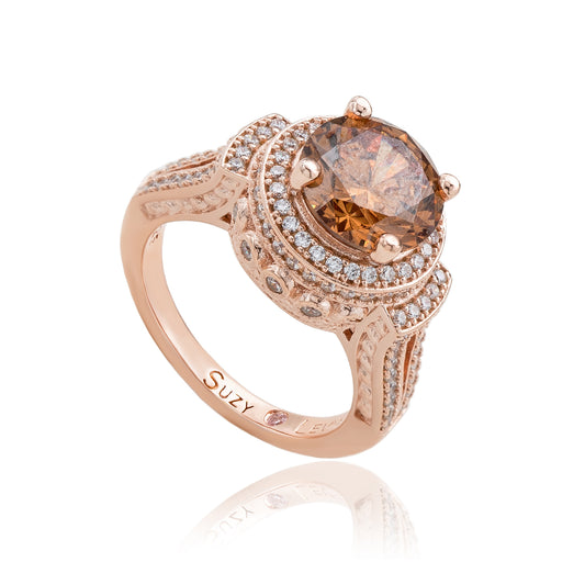 Suzy Levian Rose Sterling Silver Brown Round Cubic Zirconia Pave Engagement Ring