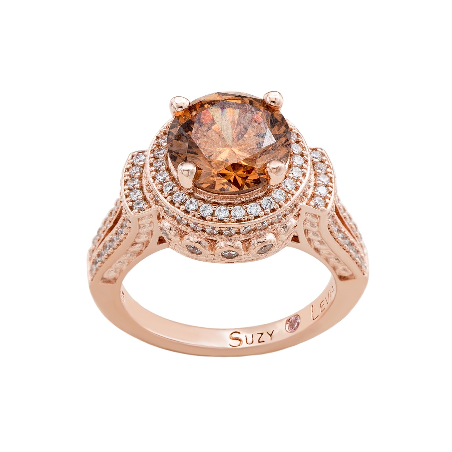 Suzy Levian Rose Sterling Silver Brown Round Cubic Zirconia Pave Engagement Ring