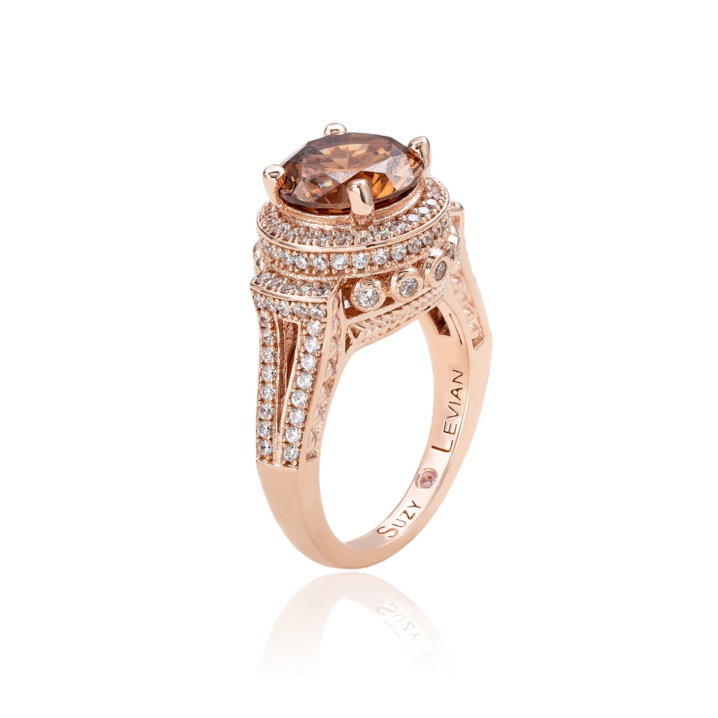 Suzy Levian Rose Sterling Silver Brown Round Cubic Zirconia Pave Engagement Ring