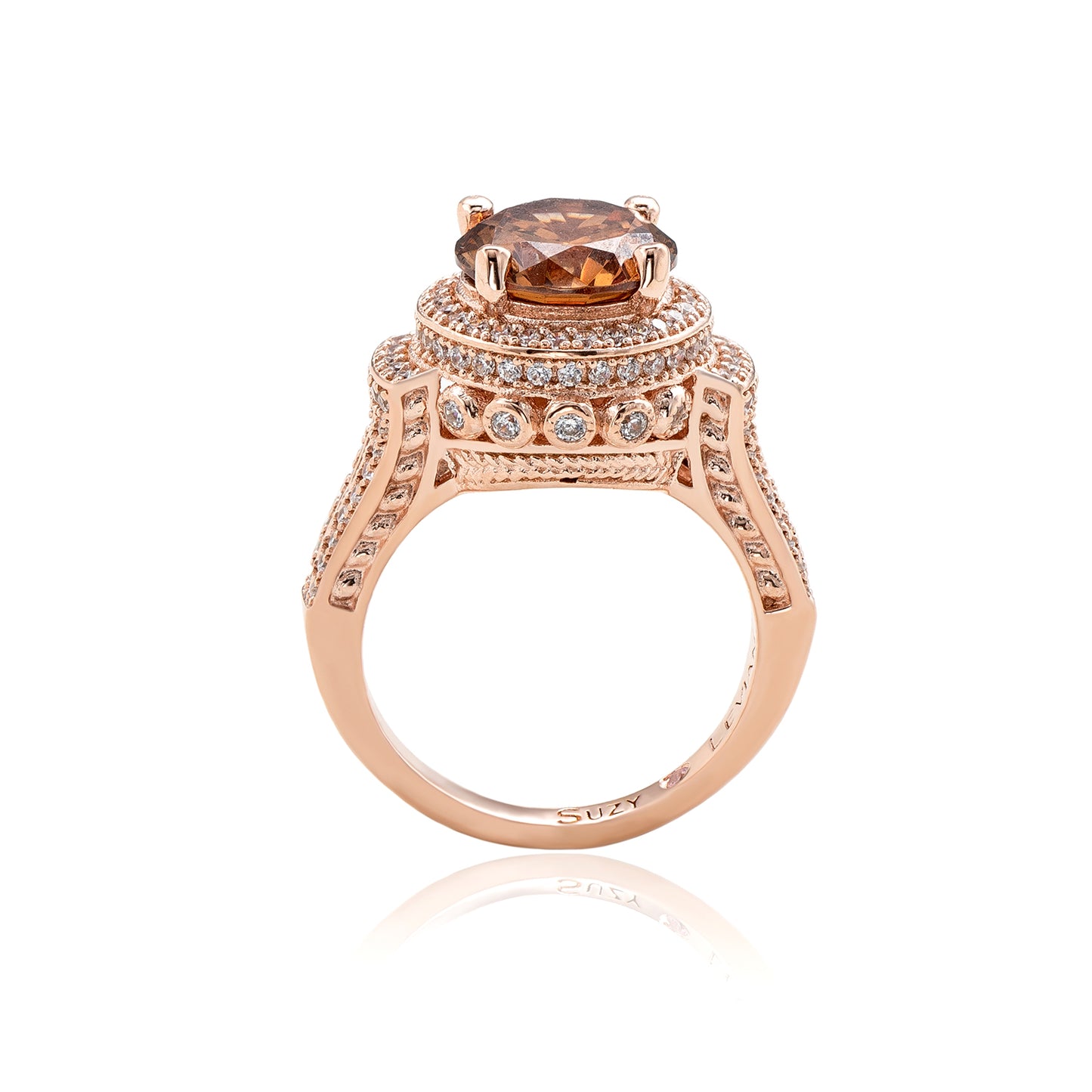 Suzy Levian Rose Sterling Silver Brown Round Cubic Zirconia Pave Engagement Ring