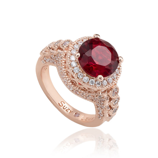 Suzy Levian Rose Sterling Silver Red Round Cubic Zirconia Pave Engagement Ring
