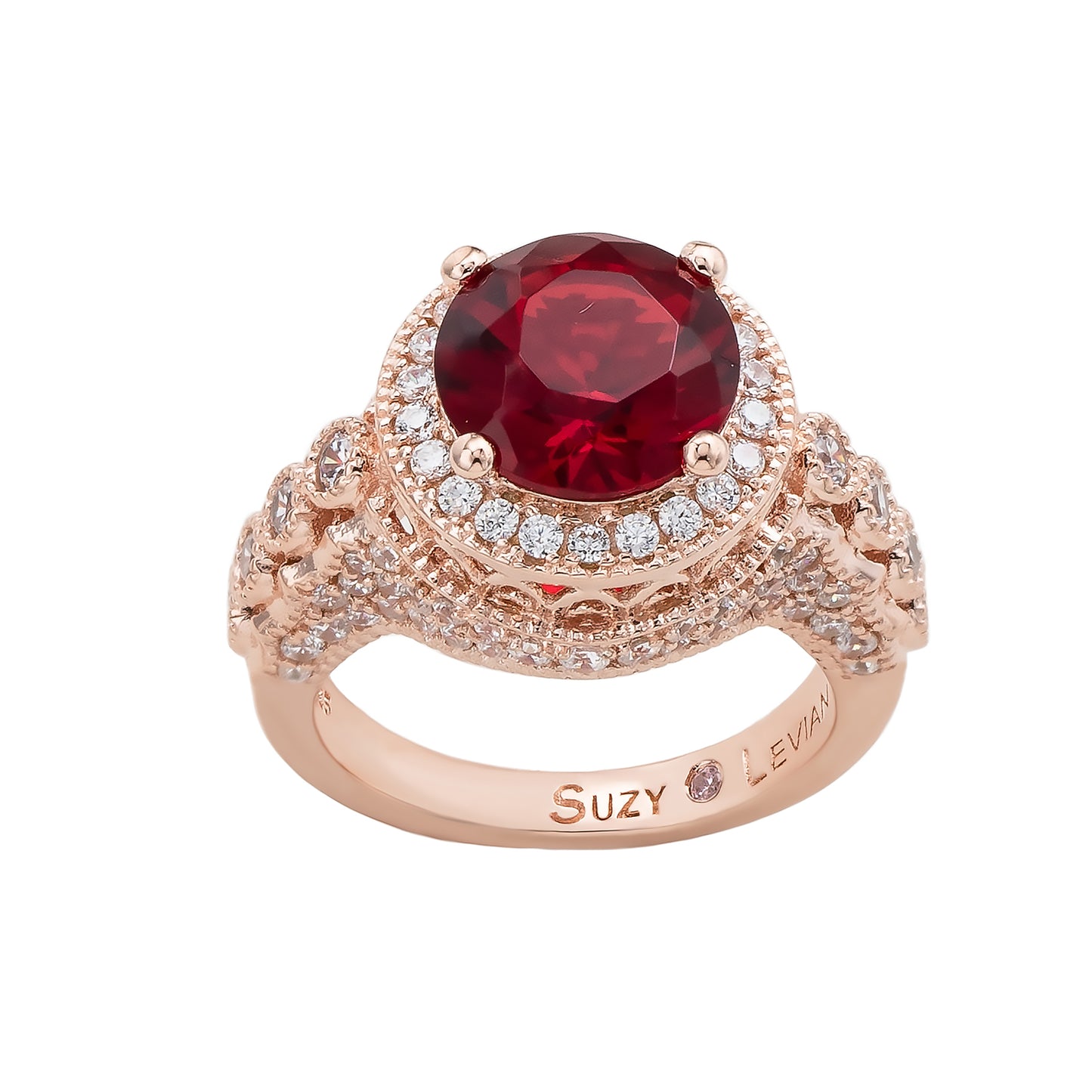 Suzy Levian Rose Sterling Silver Red Round Cubic Zirconia Pave Engagement Ring