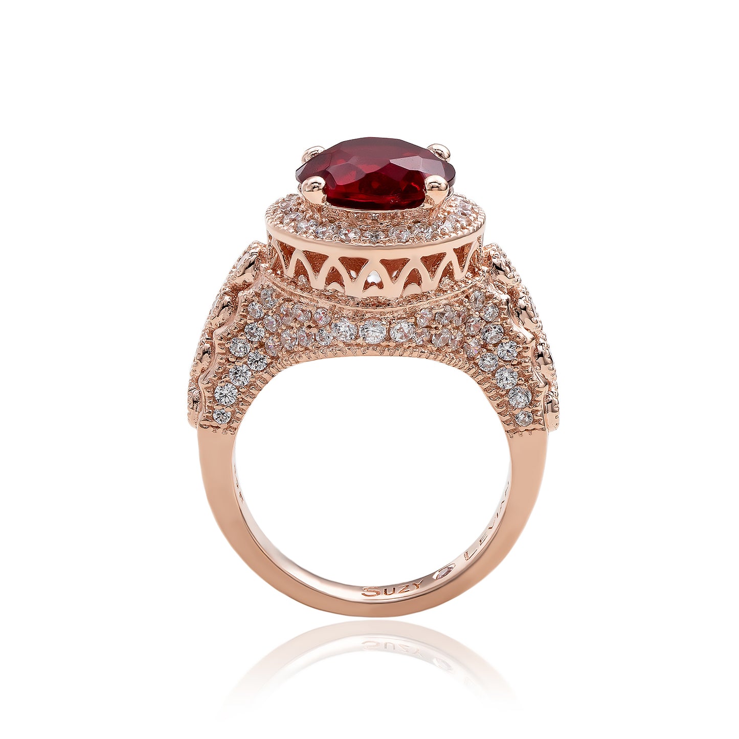 Suzy Levian Rose Sterling Silver Red Round Cubic Zirconia Pave Engagement Ring