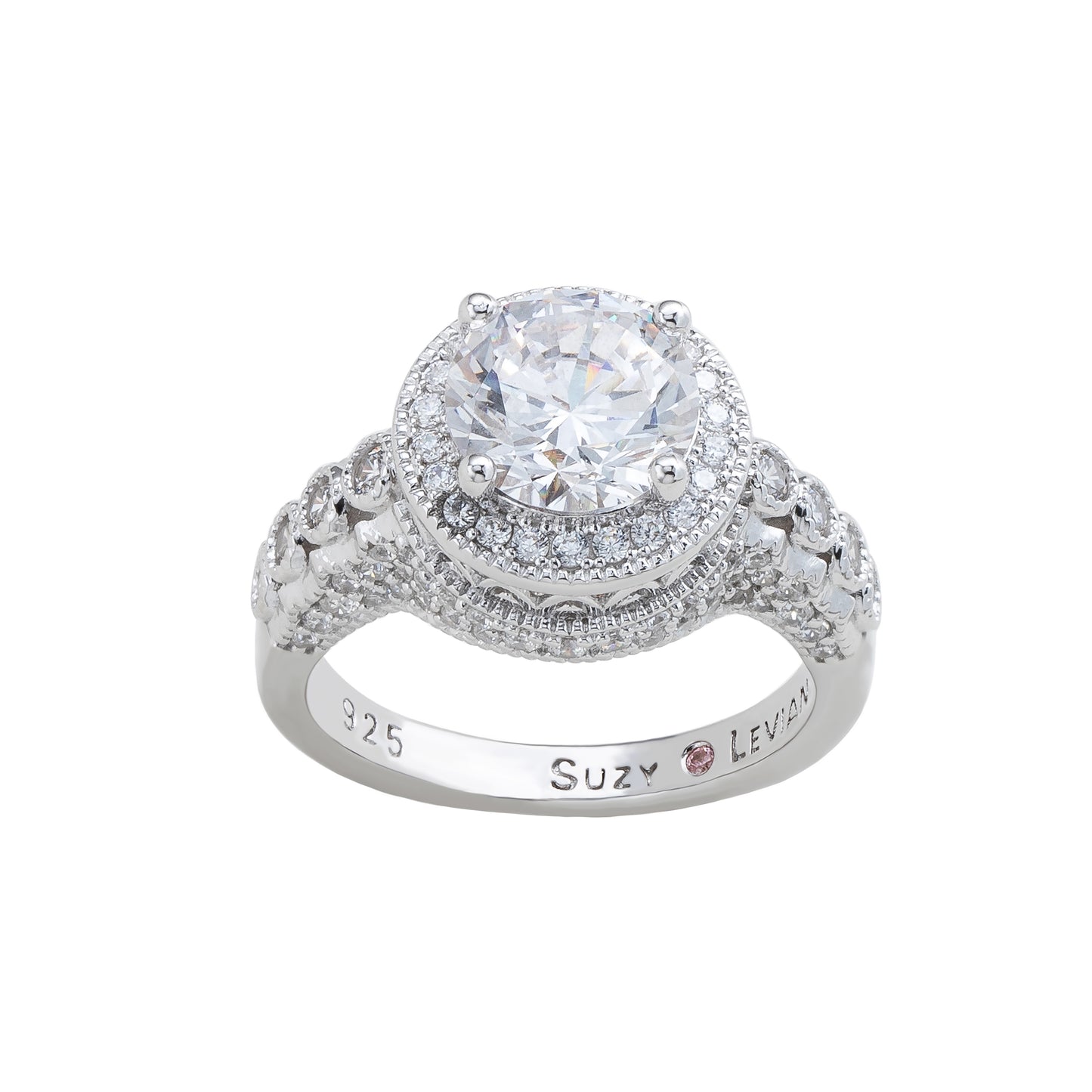 Suzy Levian Sterling Silver White Round Cubic Zirconia Pave Engagement Ring