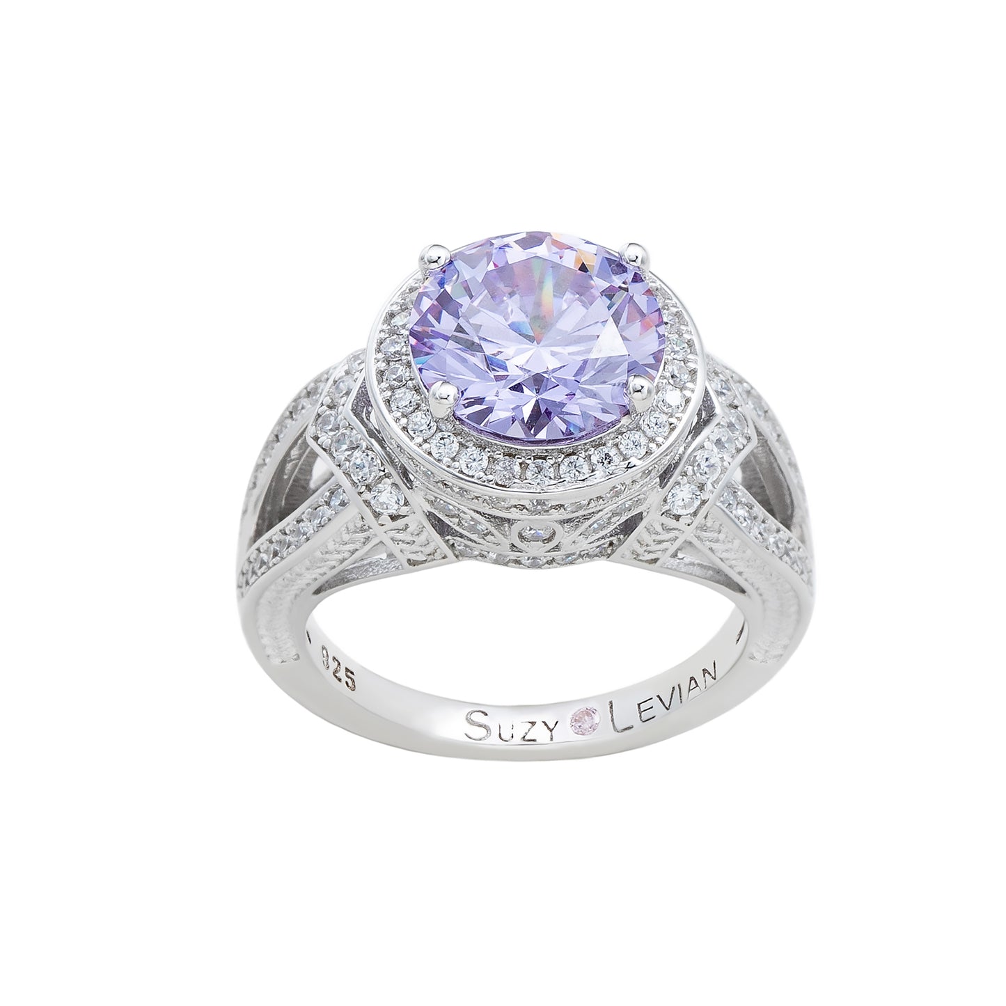 Suzy Levian Sterling Silver Purple Round Cut Cubic Zirconia Engagement Ring