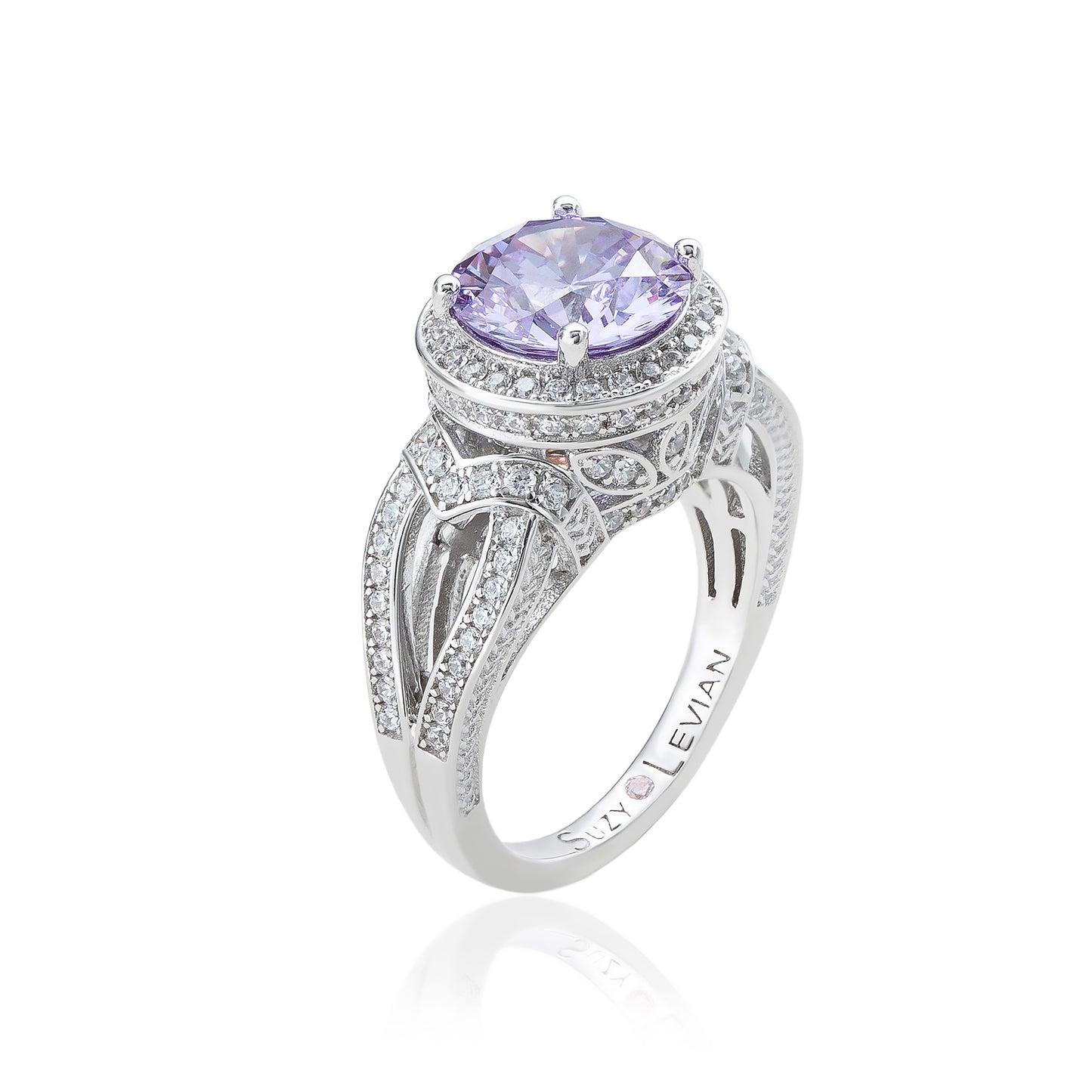 Suzy Levian Sterling Silver Purple Round Cut Cubic Zirconia Engagement Ring