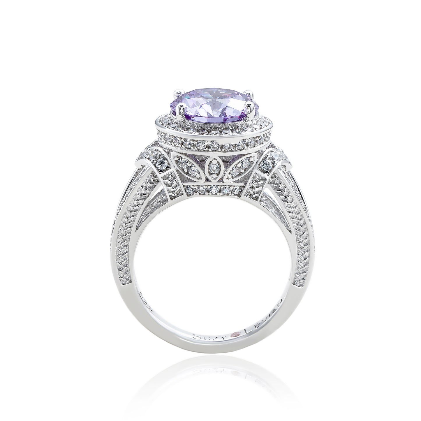 Suzy Levian Sterling Silver Purple Round Cut Cubic Zirconia Engagement Ring