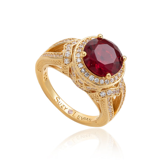 Suzy Levian Yellow Sterling Silver Large Round-Cut Red White Cubic Zirconia Pave Ring