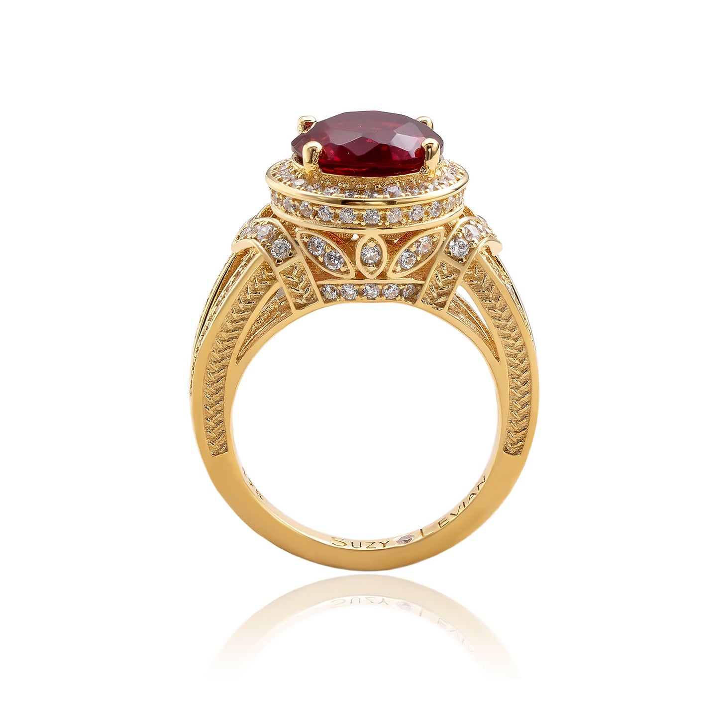 Suzy Levian Yellow Sterling Silver Large Round-Cut Red White Cubic Zirconia Pave Ring