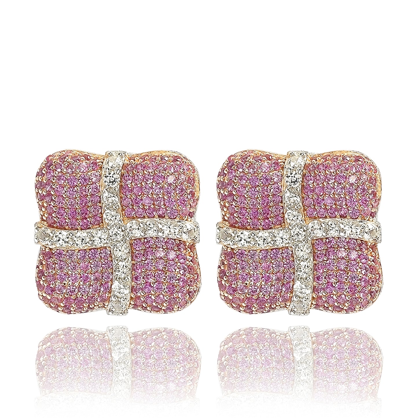 Suzy Levian Sterling Silver Pink and White Sapphire Wrapped Cushion Earrings