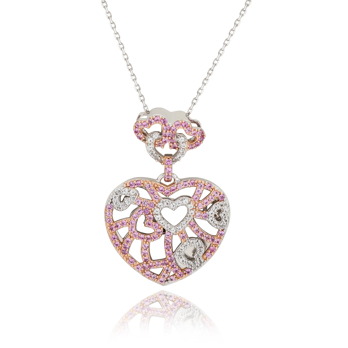 Suzy Levian Sterling Silver Pink & White Sapphire & Brown Diamond Accent Clustered Heart Pendant