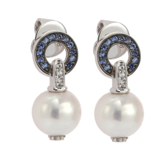 Suzy Levian Sterling Silver Pearl & Blue Sapphire Circle Earrings