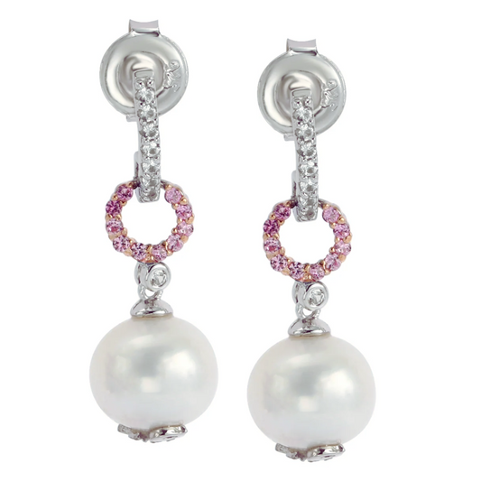 Suzy Levian Sterling Silver Pearl & Pink Sapphire Dangle Earrings