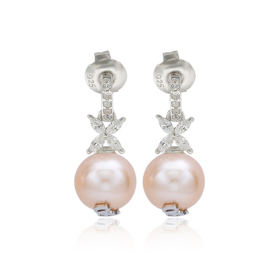 Suzy Levian Sterling Silver Pink Pearl & White Sapphire Floral Earrings