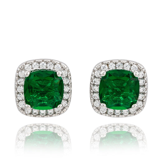 Suzy Levian White Sterling Silver Cushion Cut Green Cubic Zirconia Halo Studs