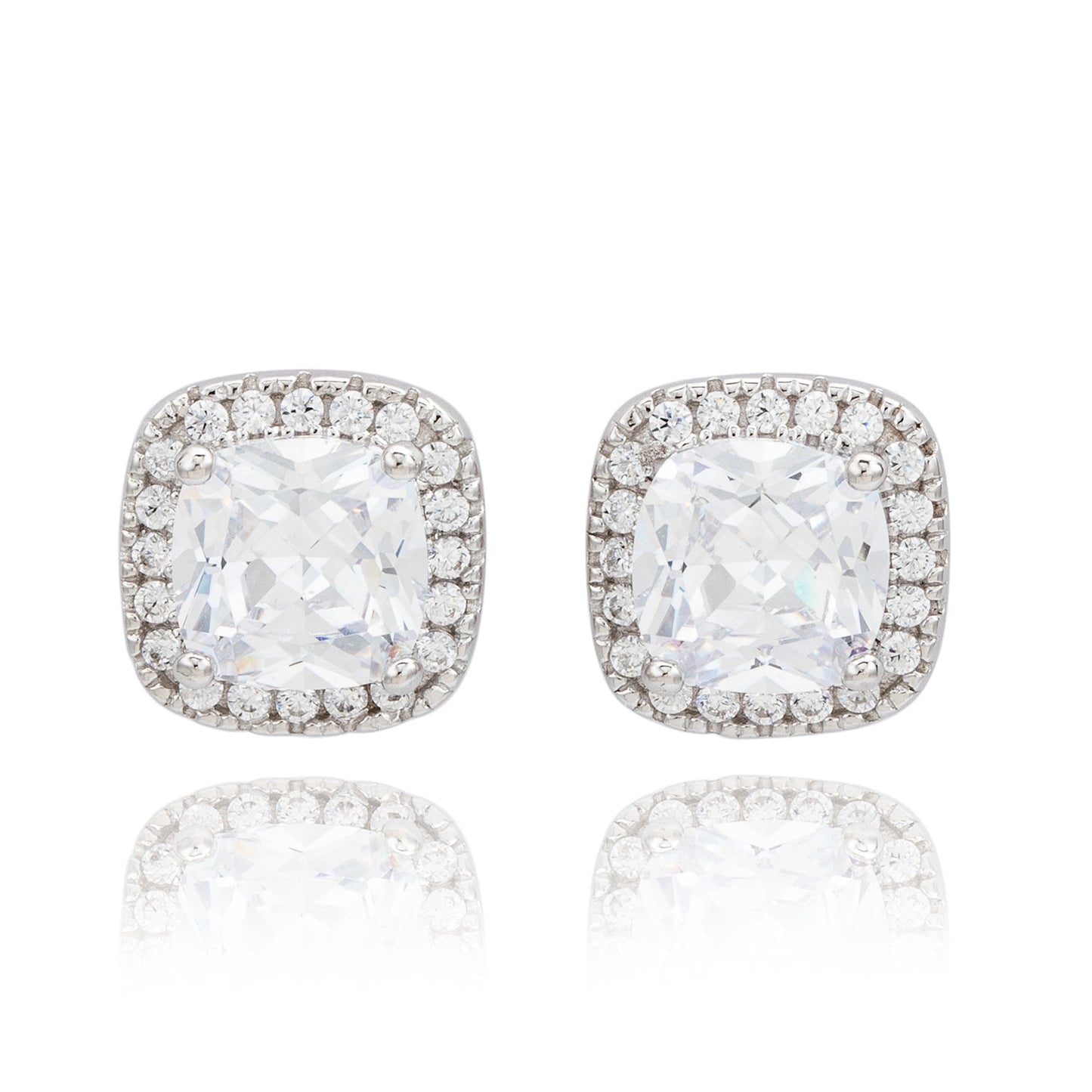 Suzy Levian White Sterling Silver Cushion Cut White Cubic Zirconia Halo Studs