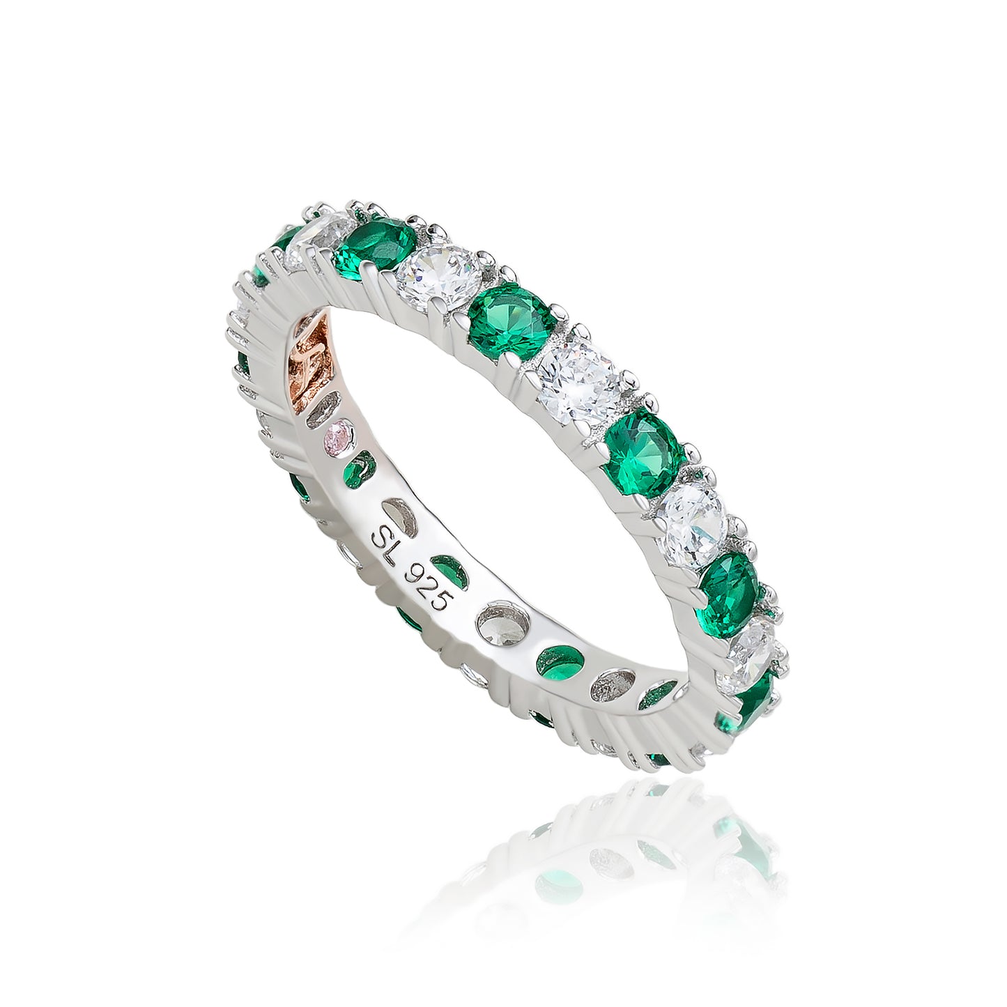 Suzy Levian Sterling Silver Cubic Zirconia Green Emerald Alternating Eternity Band
