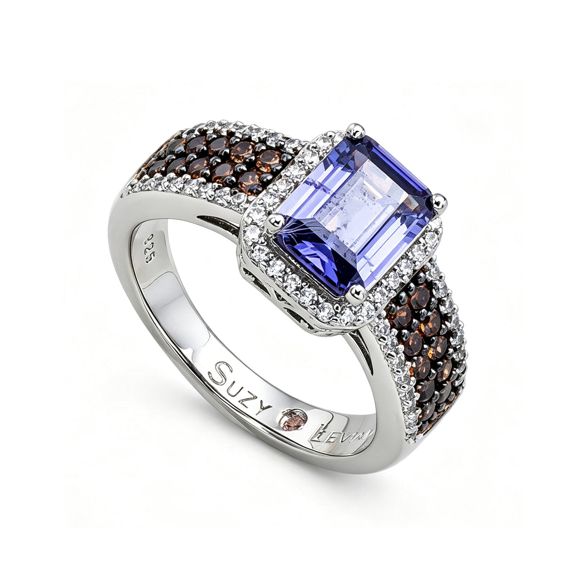 Suzy Levian Sterling Silver Emerald-Cut Blue and Brown Cubic Zirconia Halo Ring
