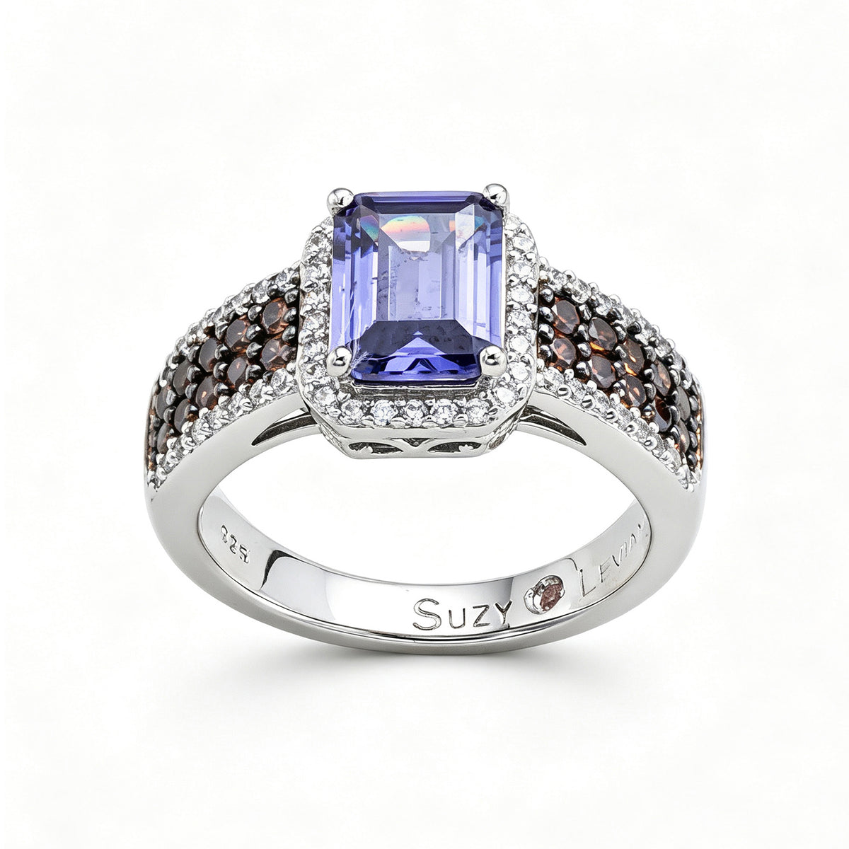 Suzy Levian Sterling Silver Emerald-Cut Blue and Brown Cubic Zirconia Halo Ring