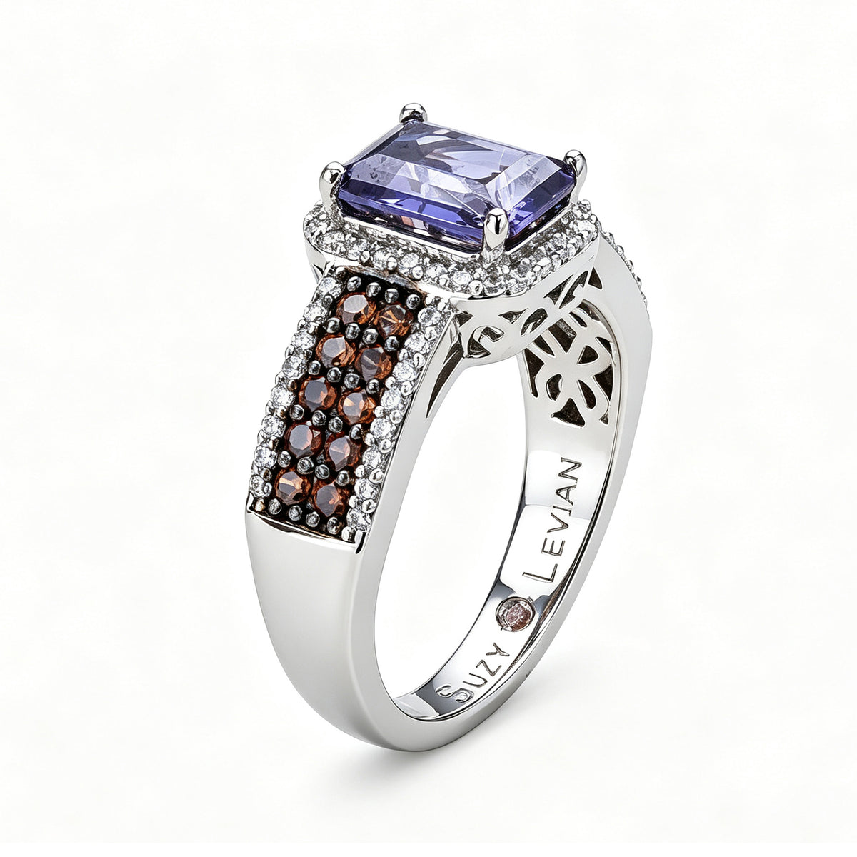 Suzy Levian Sterling Silver Emerald-Cut Blue and Brown Cubic Zirconia Halo Ring