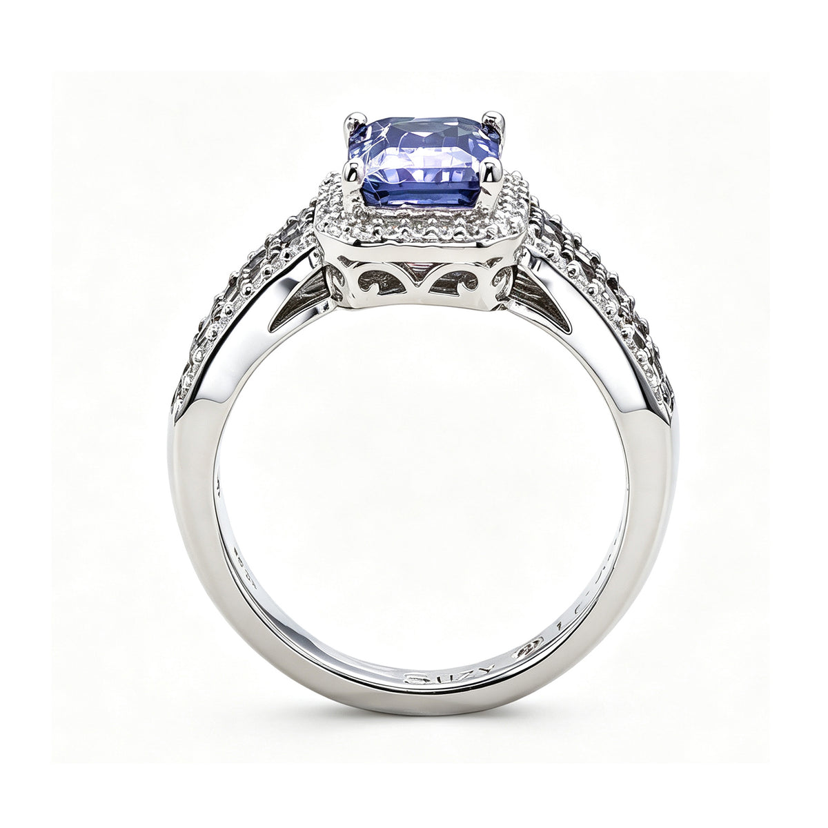 Suzy Levian Sterling Silver Emerald-Cut Blue and Brown Cubic Zirconia Halo Ring