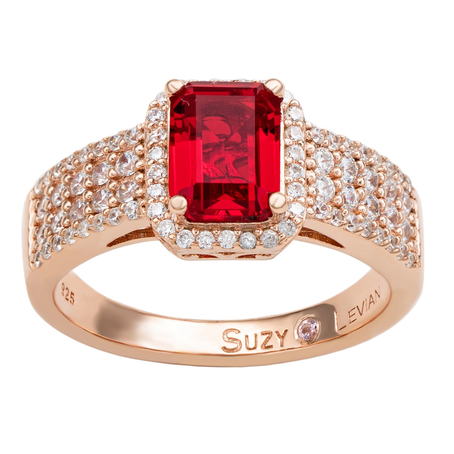 Suzy Levian Rose Sterling Silver Emerald-Cut Red and White Cubic Zirconia Halo Ring