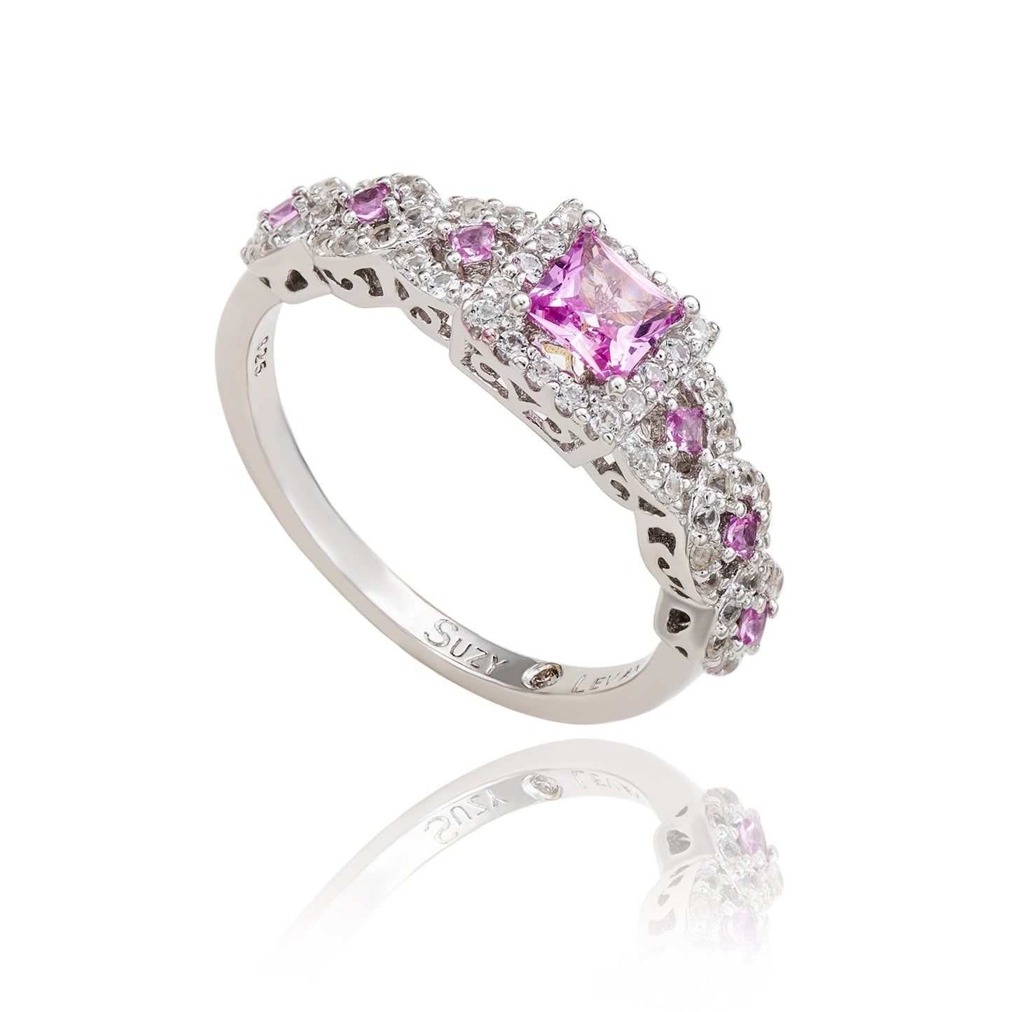 Suzy Levian Sterling Silver Assher Cut Pink Sapphire and Diamond Accent Bridal Engagement Ring