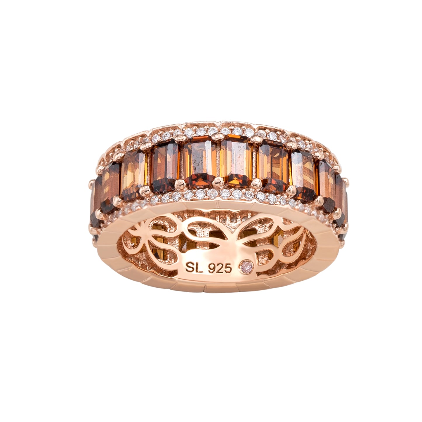 Suzy Levian Rose Sterling Silver Cubic Zirconia Brown Emerald Cut Eternity Band