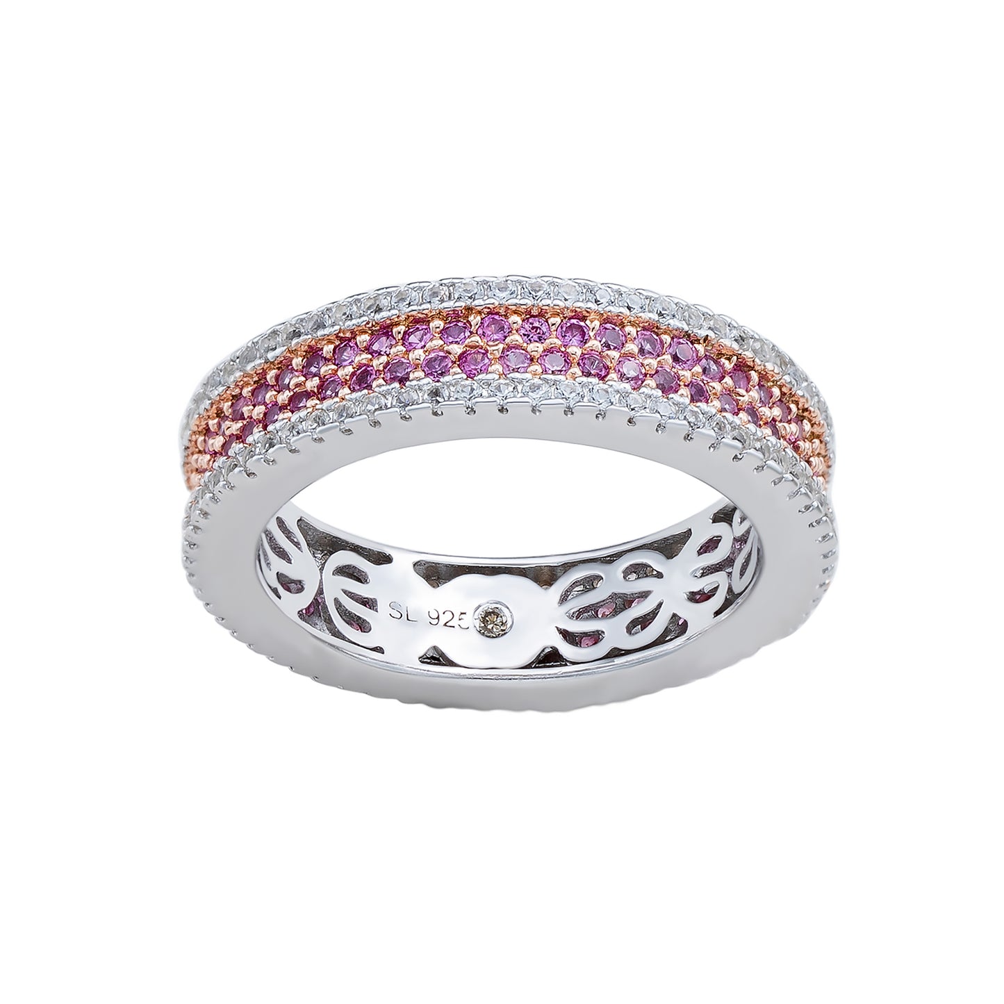 Suzy Levian Sterling Silver Pink Sapphire and Diamond Accent Pave Eternity Band
