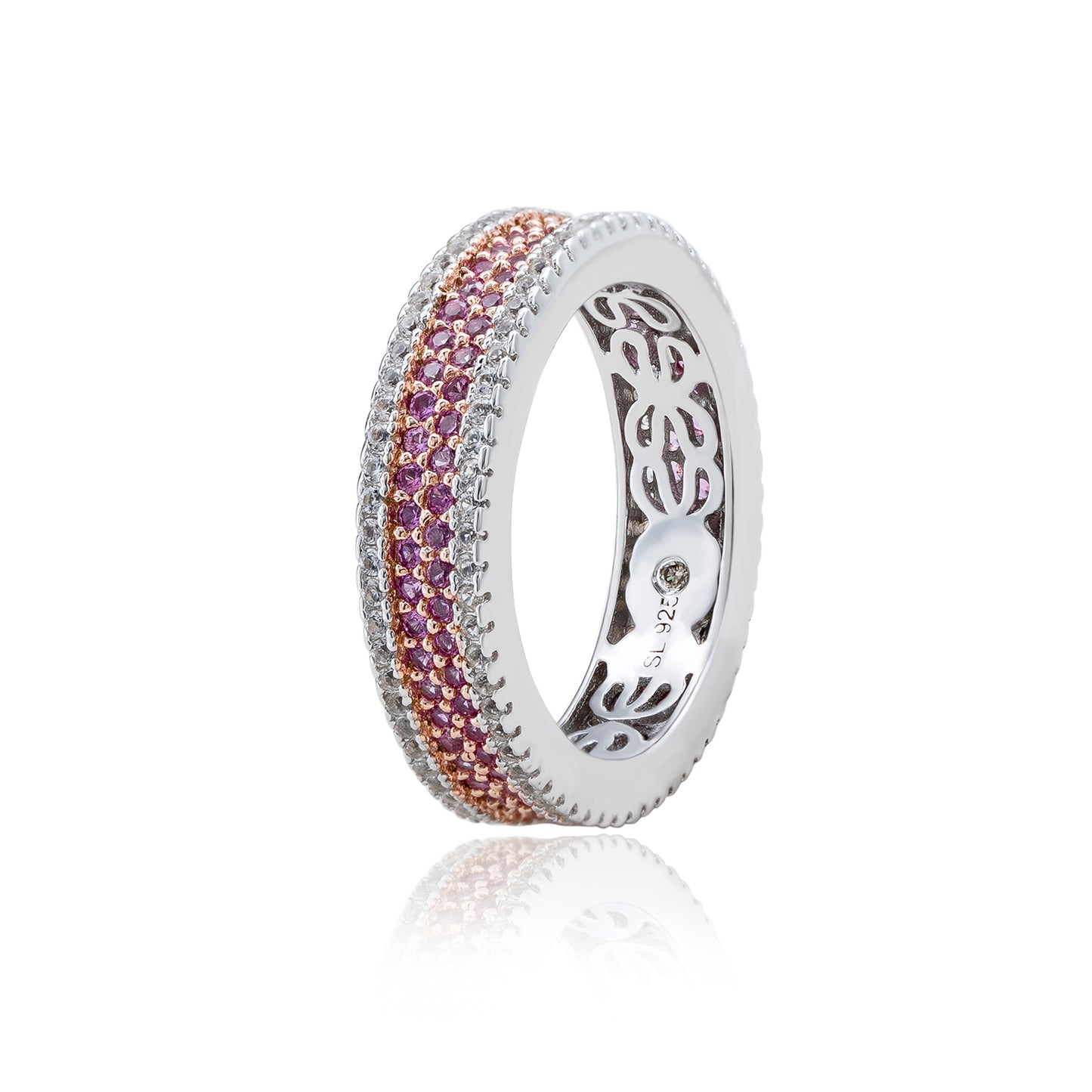 Suzy Levian Sterling Silver Pink Sapphire and Diamond Accent Pave Eternity Band