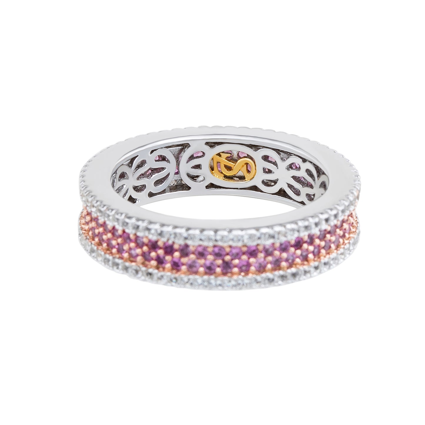 Suzy Levian Sterling Silver Pink Sapphire and Diamond Accent Pave Eternity Band