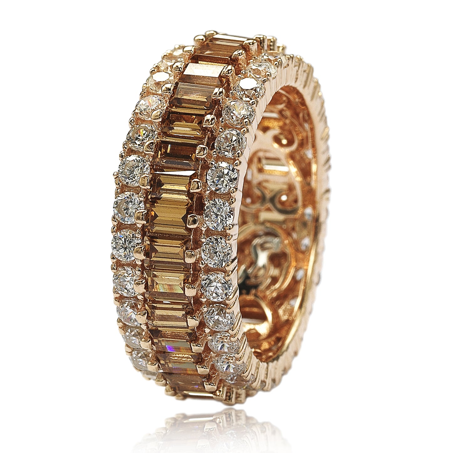 Suzy Levian Rosed Sterling Silver Emerald Cut Brown Cubic Zirconia 3 Row Eternity Band