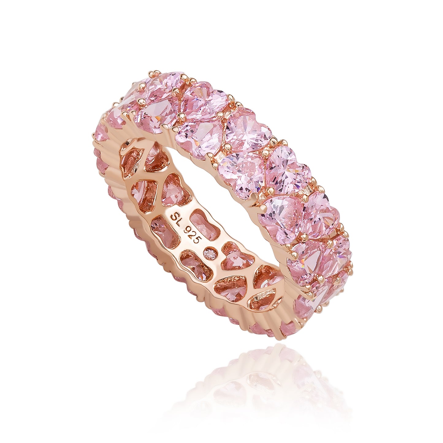 Suzy Levian Rose Sterling Silver Heart Shape Pink Cubic Zirconia Eternity Band