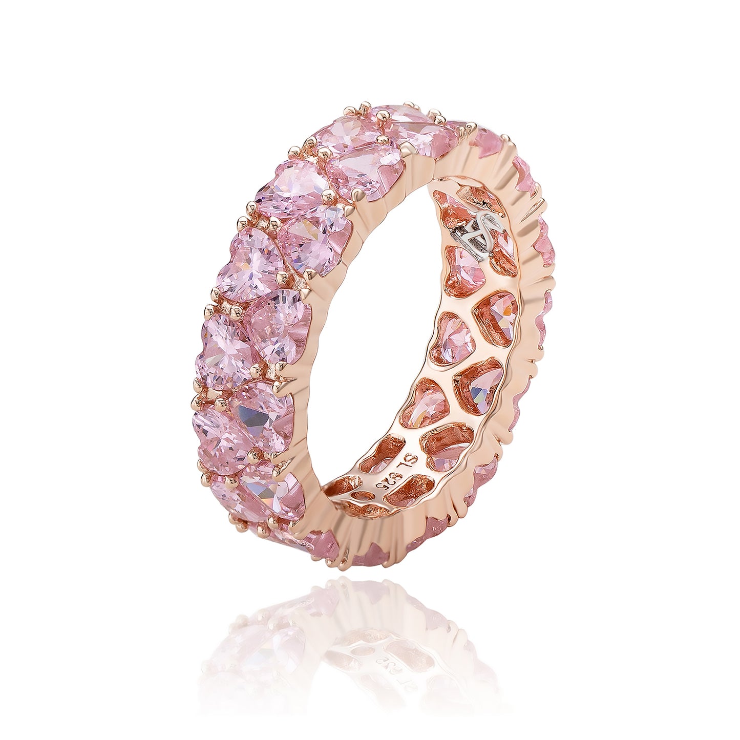 Suzy Levian Rose Sterling Silver Heart Shape Pink Cubic Zirconia Eternity Band