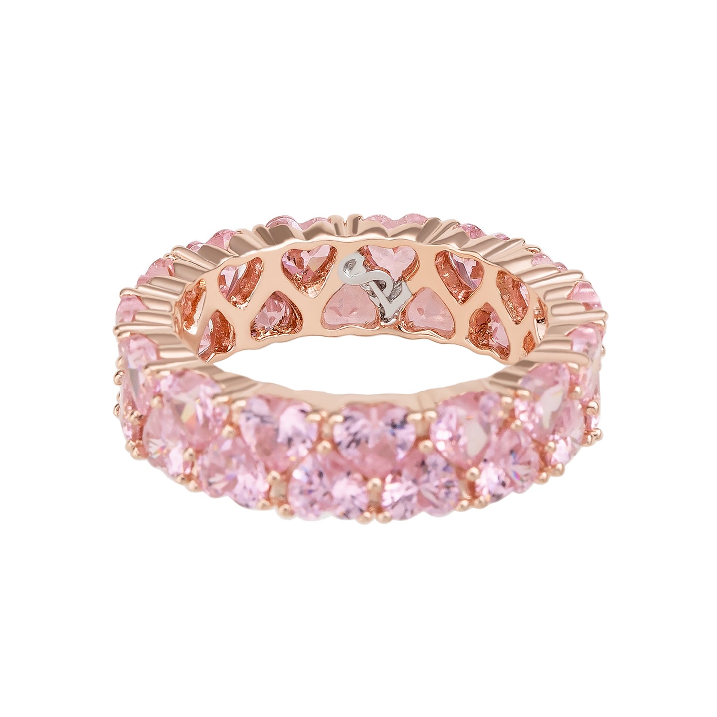 Suzy Levian Rose Sterling Silver Heart Shape Pink Cubic Zirconia Eternity Band