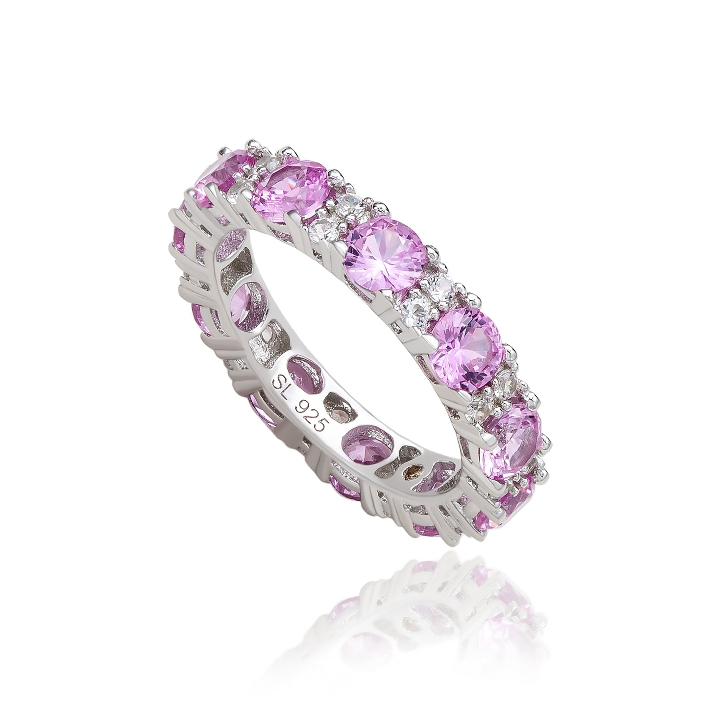 Suzy Levian Sterling Silver Round Cut Pink Sapphire and Diamond Accent Eternity Band