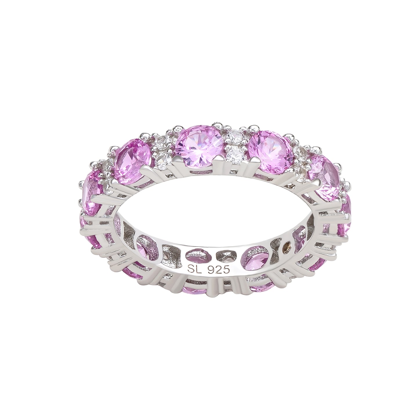 Suzy Levian Sterling Silver Round Cut Pink Sapphire and Diamond Accent Eternity Band